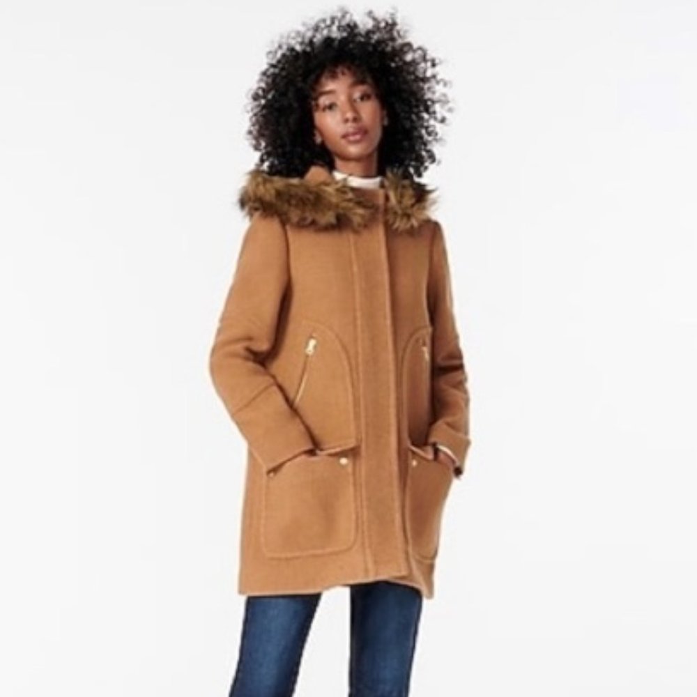 J. Crew Tan Hooded Coat with Faux Fur Trim